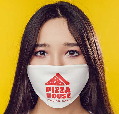 Face mask branded with pizza logo