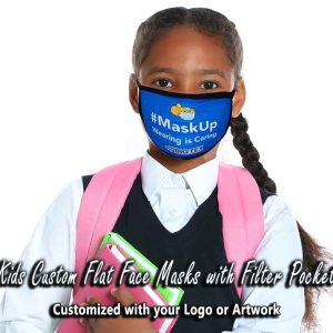 Girl wearing custom flat face mask with filter pocket.
