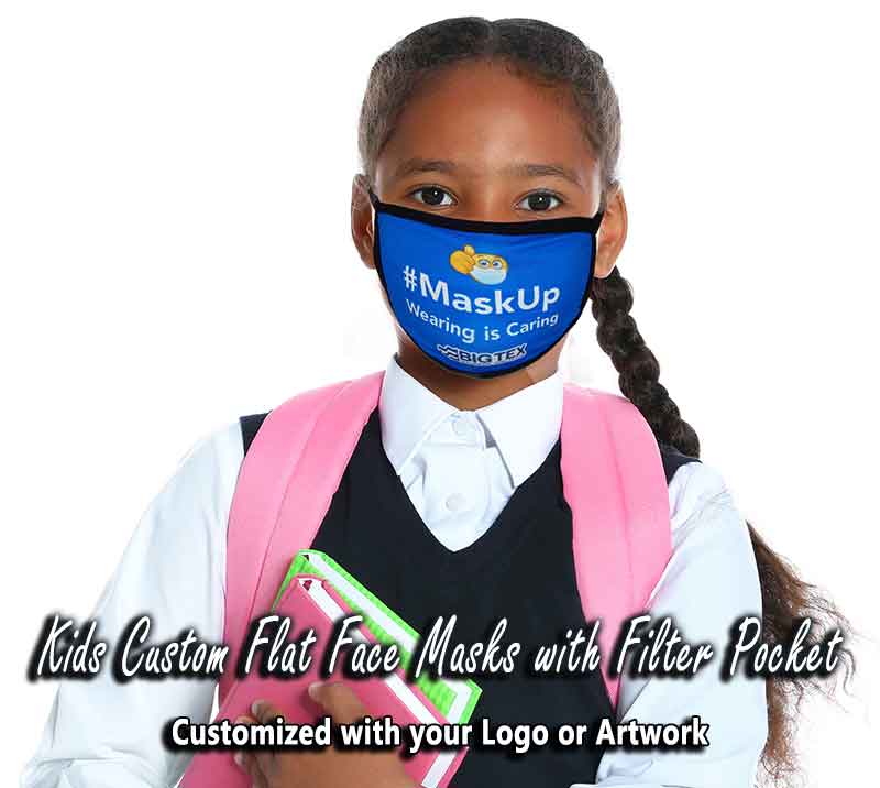 Girl wearing custom flat face mask with filter pocket.
