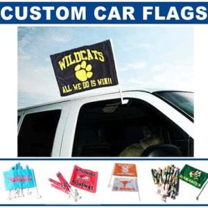 Several Custom Car Flags displayed. One flying on vehicle.