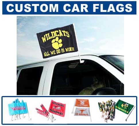 Several Custom Car Flags displayed. One flying on vehicle.