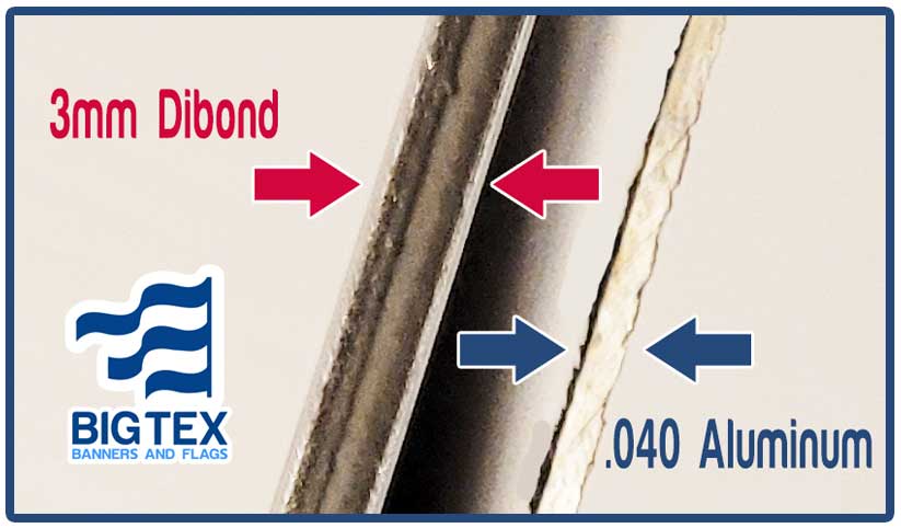 Detail Showing the thickness of Dibond signs vs aluminum signs.