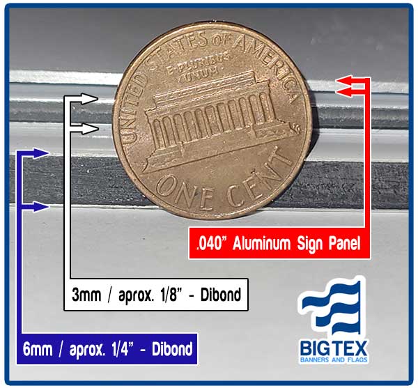 Comparison of thicknesses for 3mm Dibond,,6mm Dibond, and .040 Aluminum.