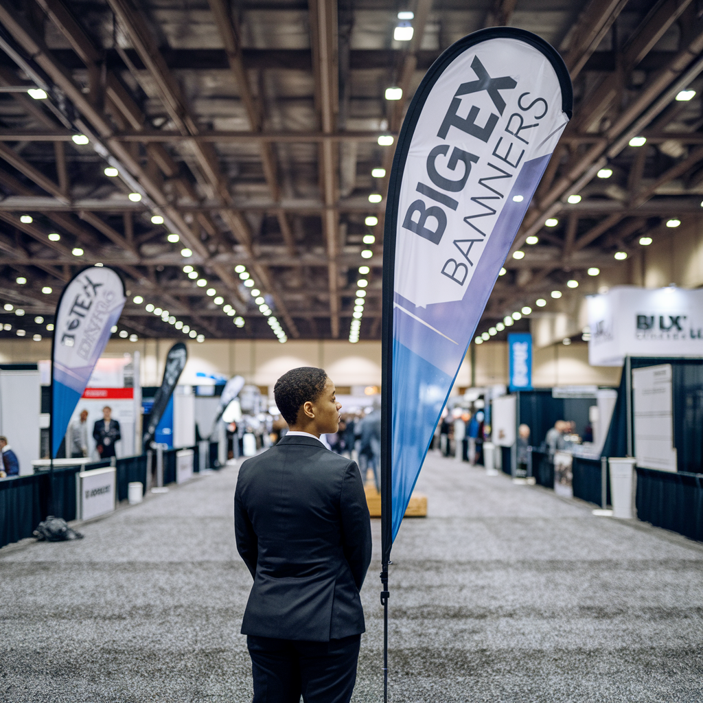 custom teardrop flag at a trade show