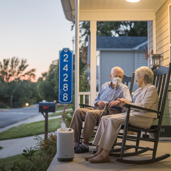 couple on porch feeling safe with highly visible Safety and Fire Number Sign