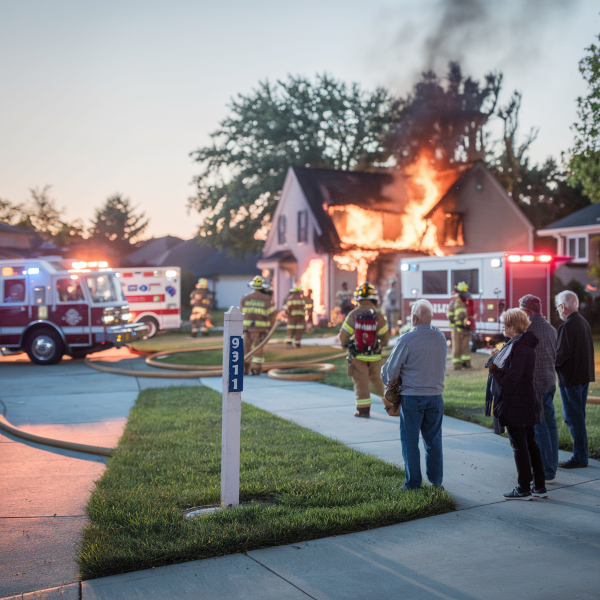 house on fire with a safety fire number sign 