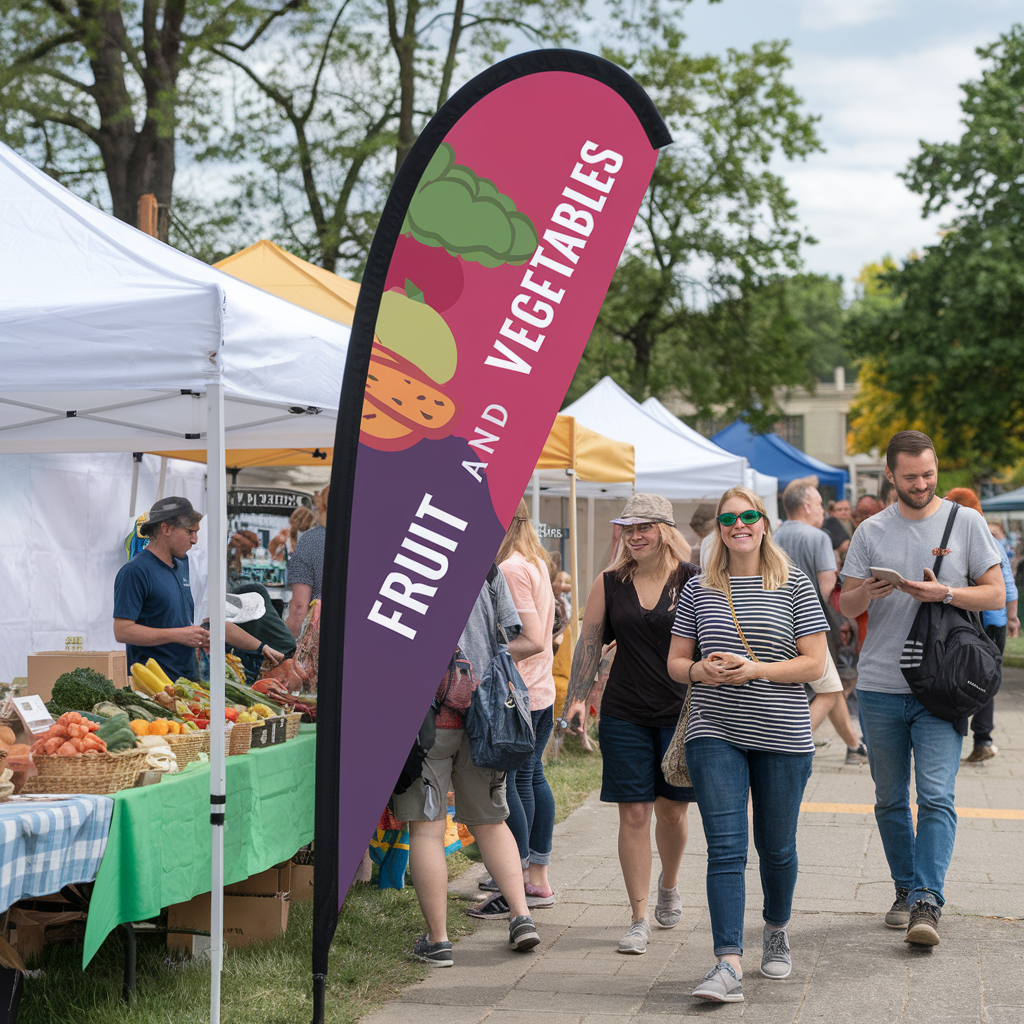 custom teardrop banner at a farmers market