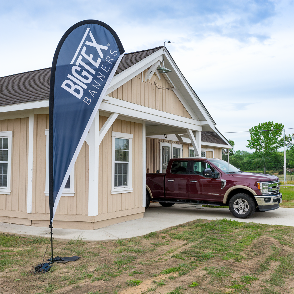 custom teardrop banner in front of business